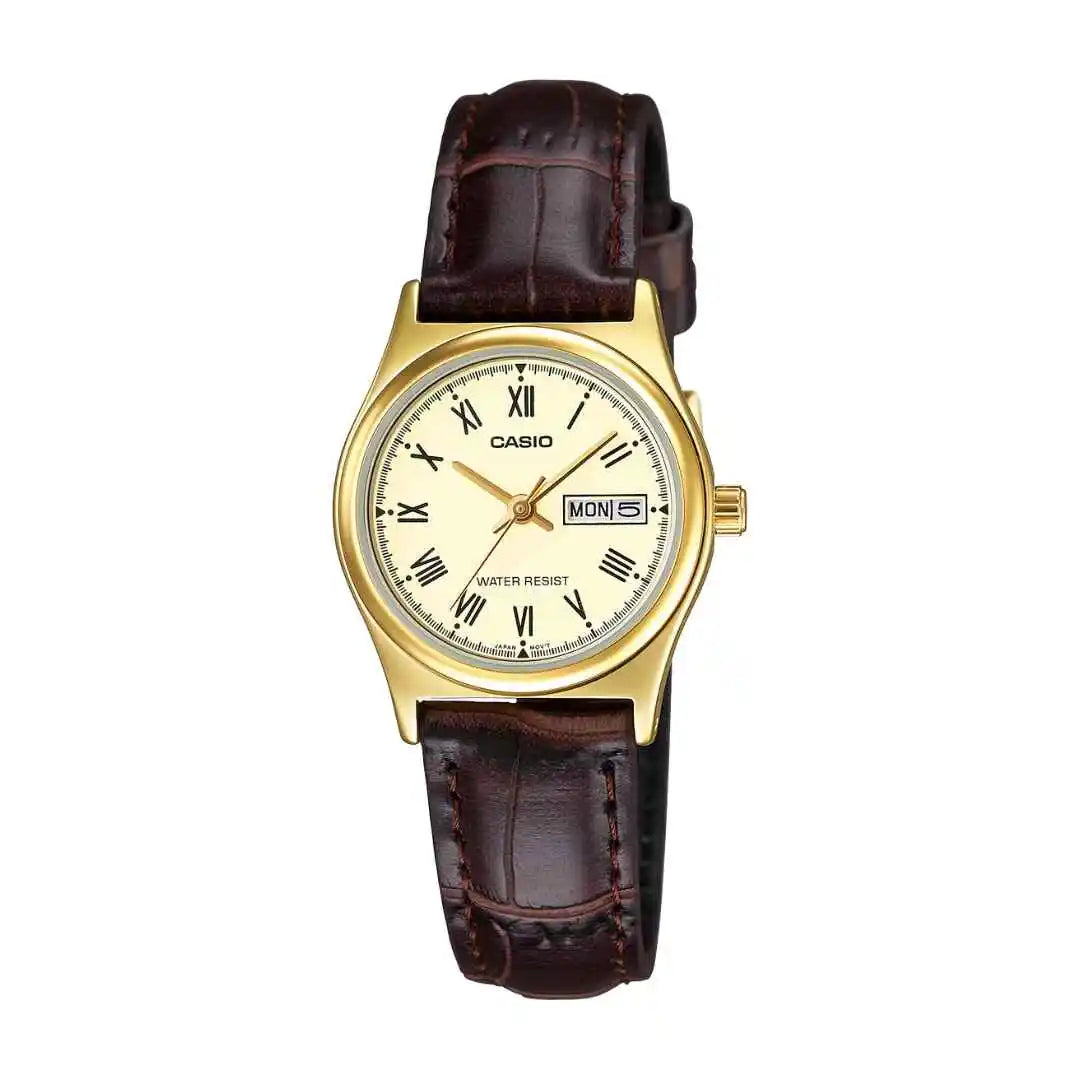 Casio LTP-V006GL-9B — front view with gold-tone dial and brown strap.