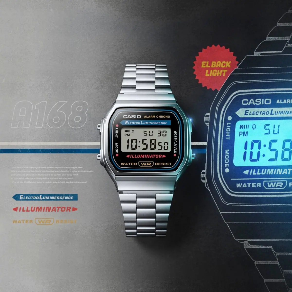 Casio A168WA-1W Illuminator Silver Watch - ElectroLuminescence Backlight