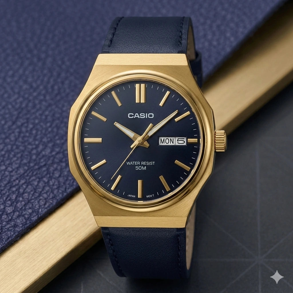 Casio MTP-E735GL-1AV: Octagonal Gold Case Watch with Day-Date Display