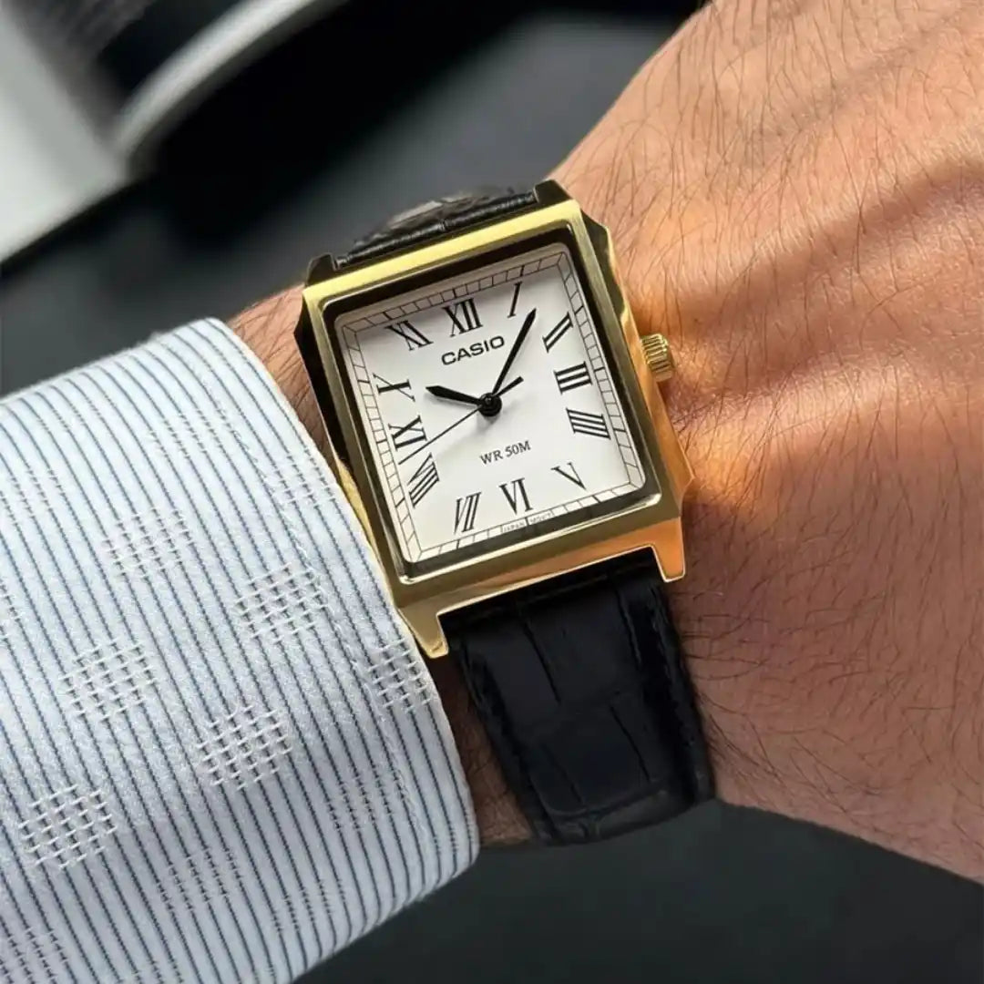Casio MTP-B190GL-7BV | Men's Rectangular Tank Watch - Gold & Black Leather