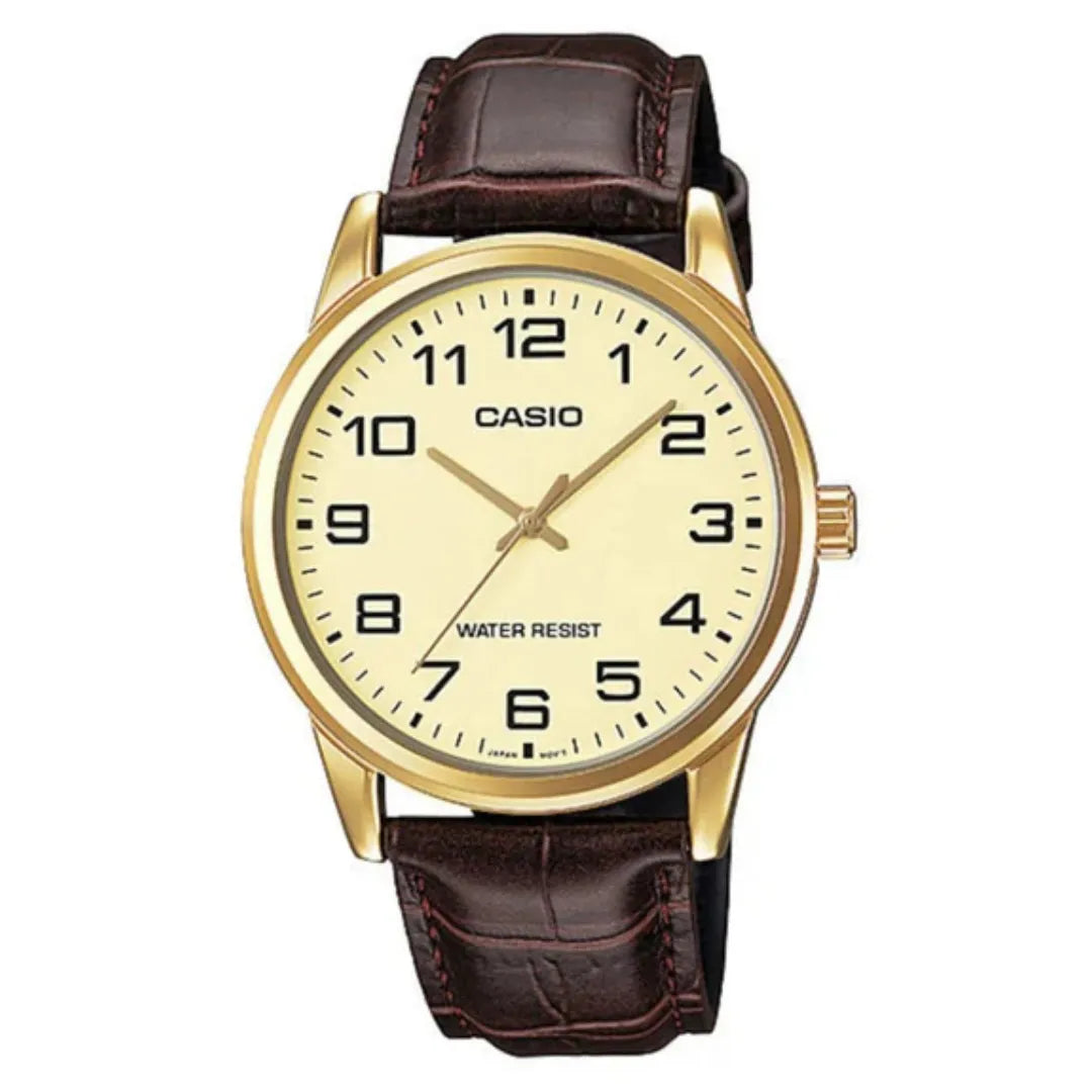 Casio MTP-V001GL-9B — front view with gold-tone dial and brown strap.