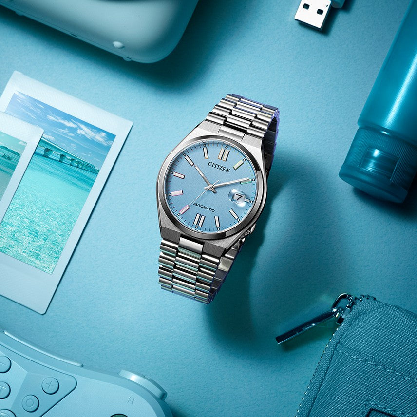 Citizen Tsuyosa NJ0151-53L light blue dial watch detail