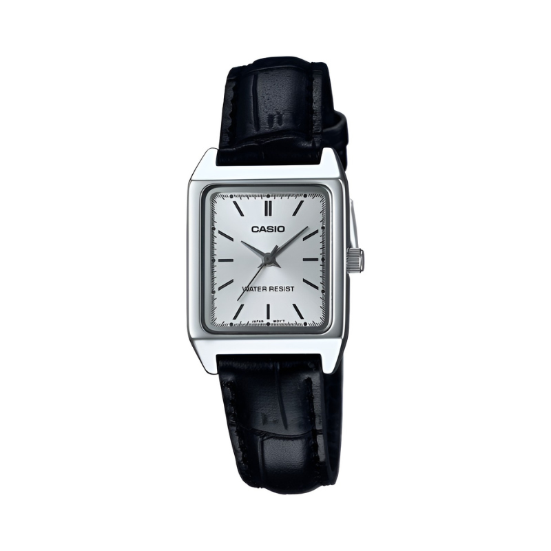 Casio LTP-V007L-7E1 women's watch front view with rectangular silver-tone case and black leather strap