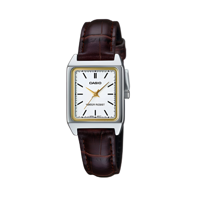 Casio LTP-V007L-7E2 women's watch front view with rectangular silver-tone case and brown leather strap