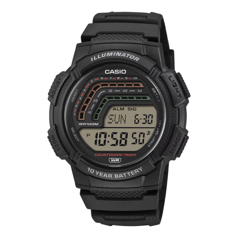 Casio WS-1800-1AV — Black digital sports watch with resin strap, front view