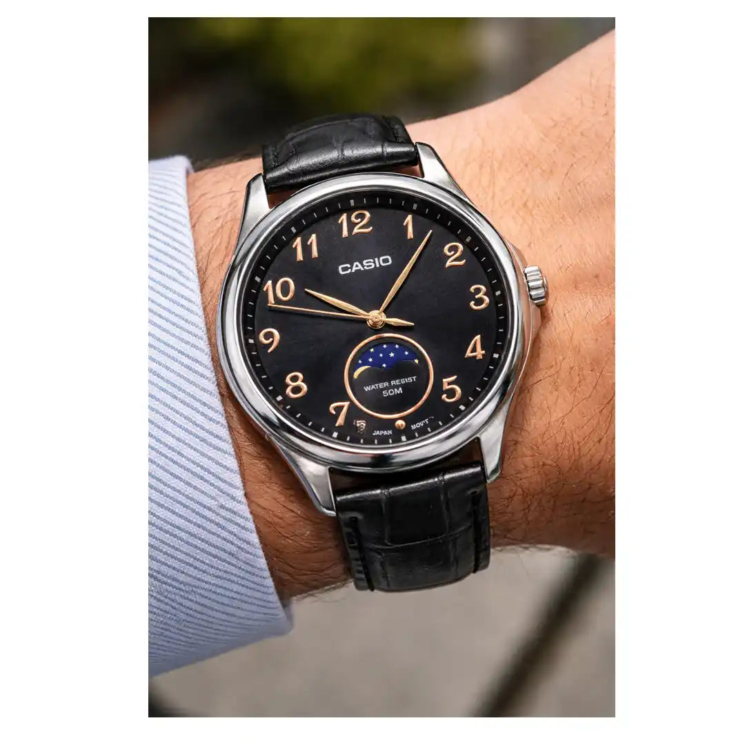 Casio MTP-M110L-1AV Moon Phase Men's Watch | Black Leather & Rose Gold Accents