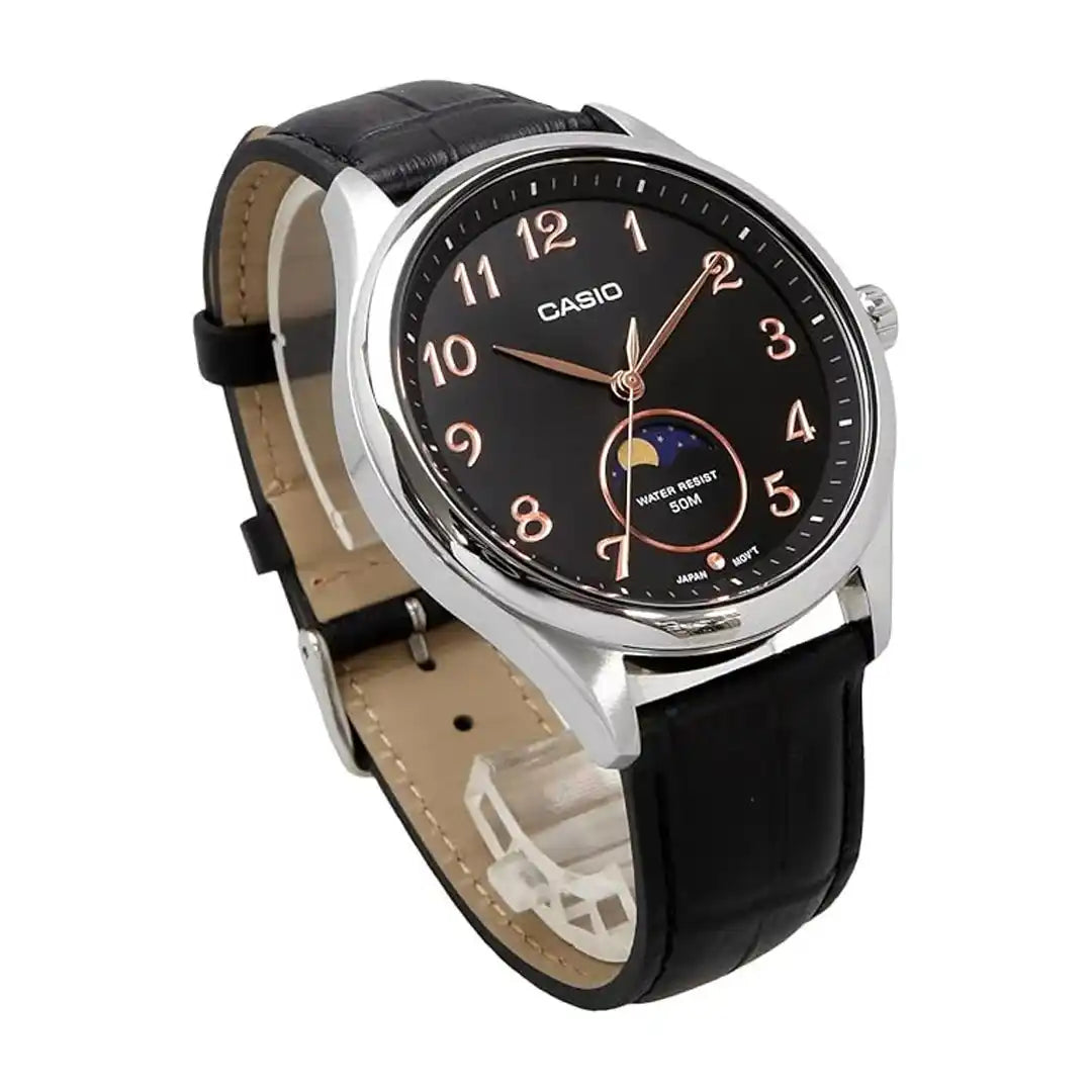 Casio MTP-M110L-1AV Moon Phase Men's Watch | Black Leather & Rose Gold Accents