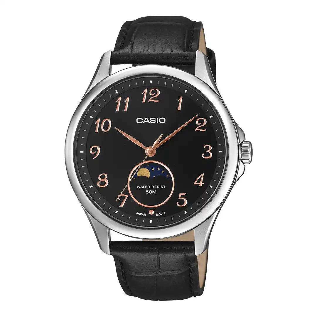 Casio MTP-M110L-1AV Moon Phase Men's Watch | Black Leather & Rose Gold Accents