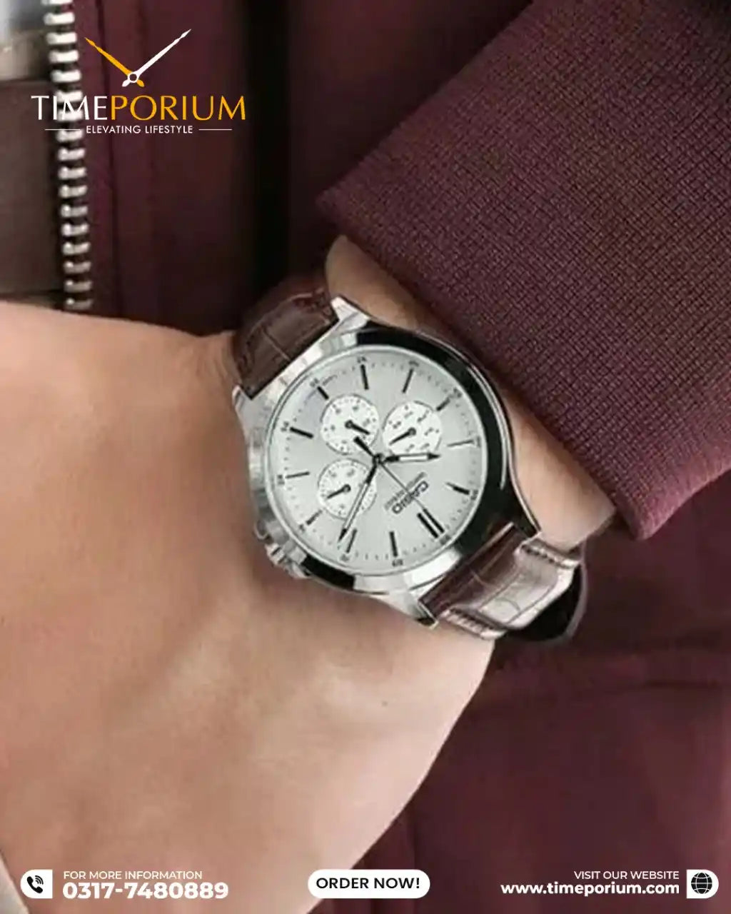 Casio MTP-V300L-7A — promotional wrist photo with a burgundy sleeve.