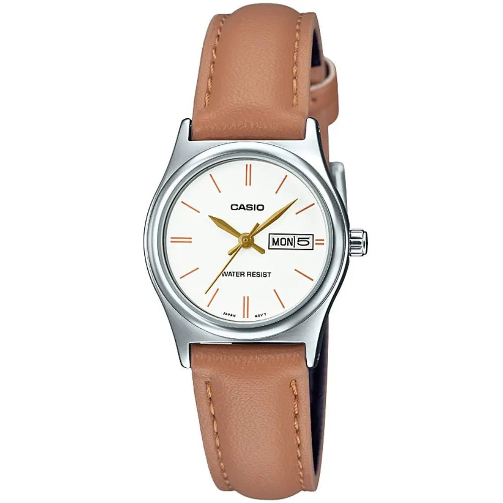Casio LTP-V006L-7B2 — front view with white dial and tan strap.