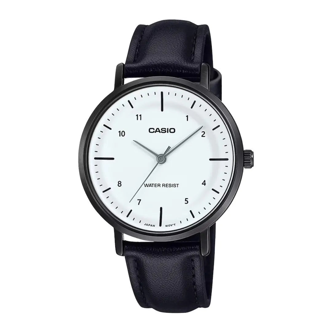Casio LTP-VT03BL-7B — front view with white dial, black case and black strap.