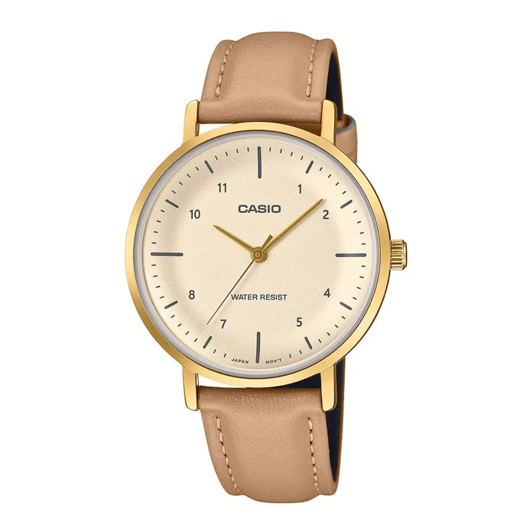 Casio LTP-VT03GL-4B — front view with light dial, gold-tone case and tan strap.