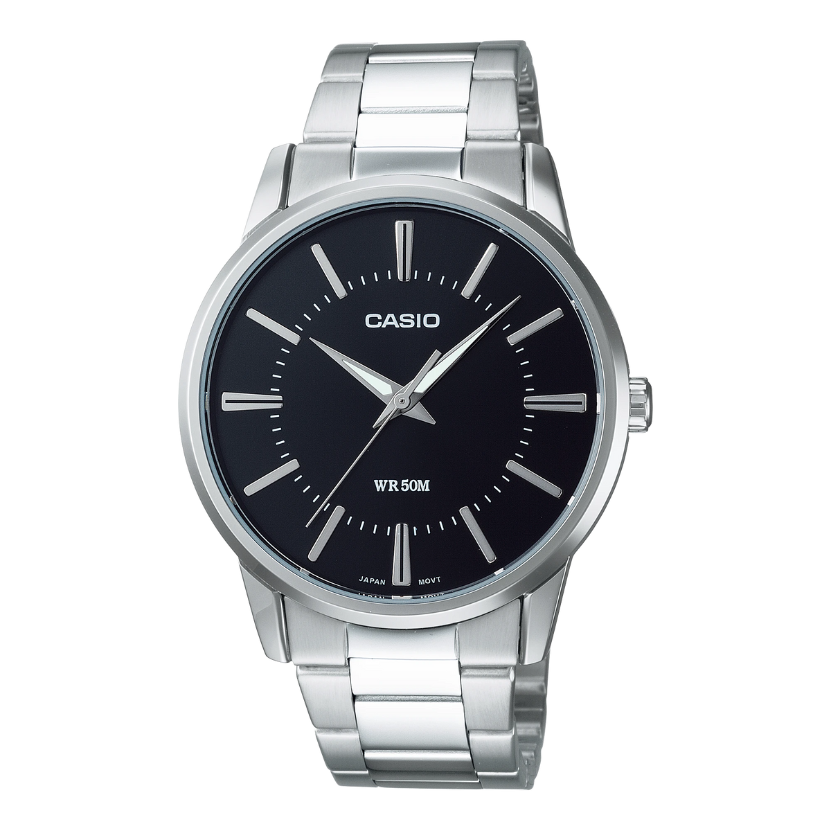 Casio MTP-1303D-1A watch with stainless steel bracelet, front view