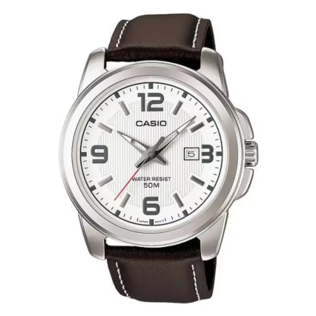 Casio MTP-1314L-7A — front view with white dial and brown strap.