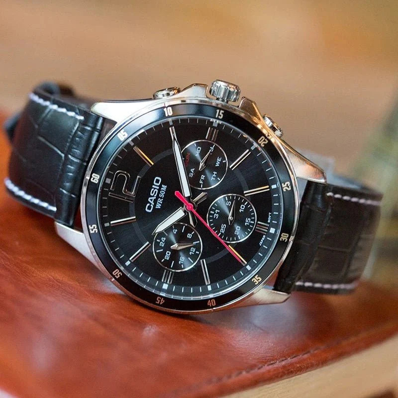 Casio MTP-1374L-1A Men's Multi-Hand Analog Watch – Black Dial Leather Band