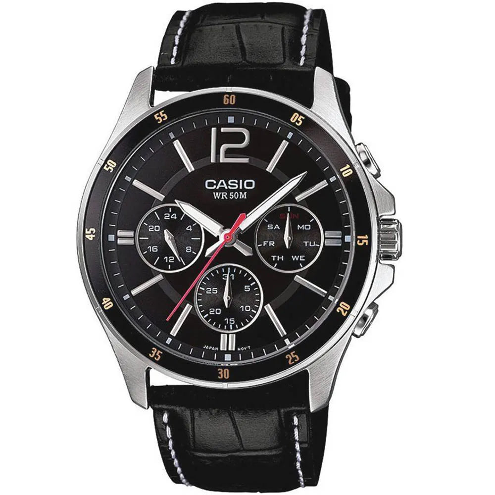 Casio MTP-1374L-1A Men's Multi-Hand Analog Watch – Black Dial Leather Band