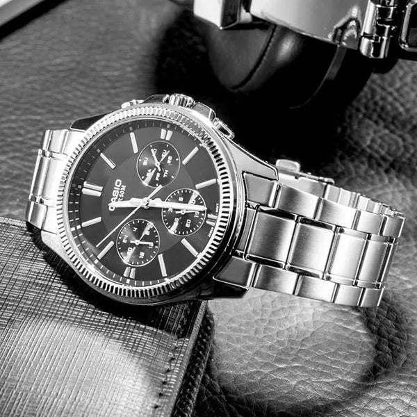 Casio MTP-1375D-1 — Angled view of black multi-dial bracelet watch