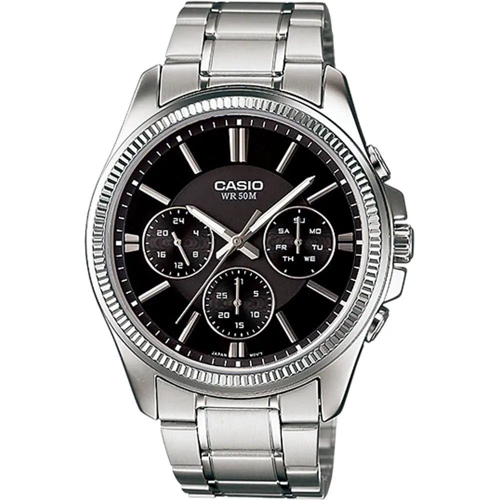 Casio MTP-1375D-1 — Black multi-dial watch with silver-tone bracelet