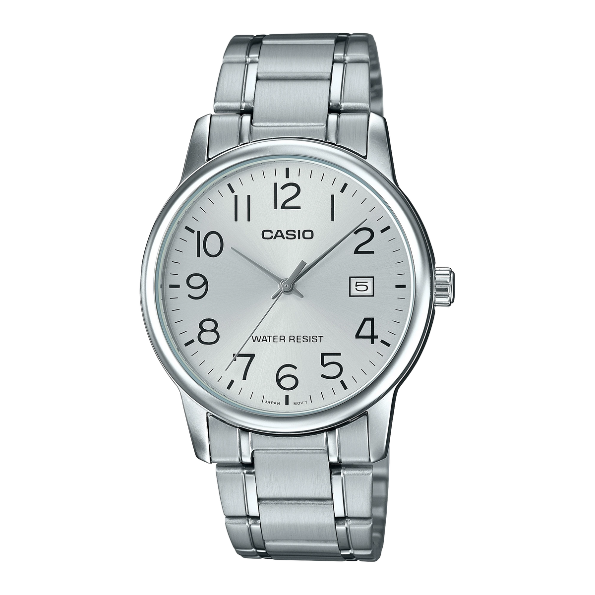 Casio MTP-V002D-7B watch with stainless steel bracelet, front view