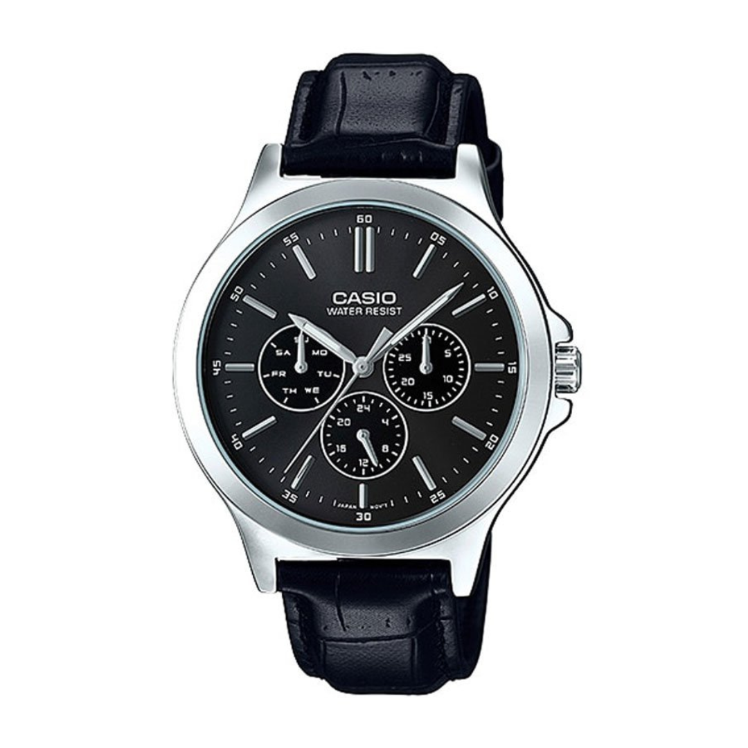 Casio MTP-V300L-1A — front view with black dial, three subdials and black strap.