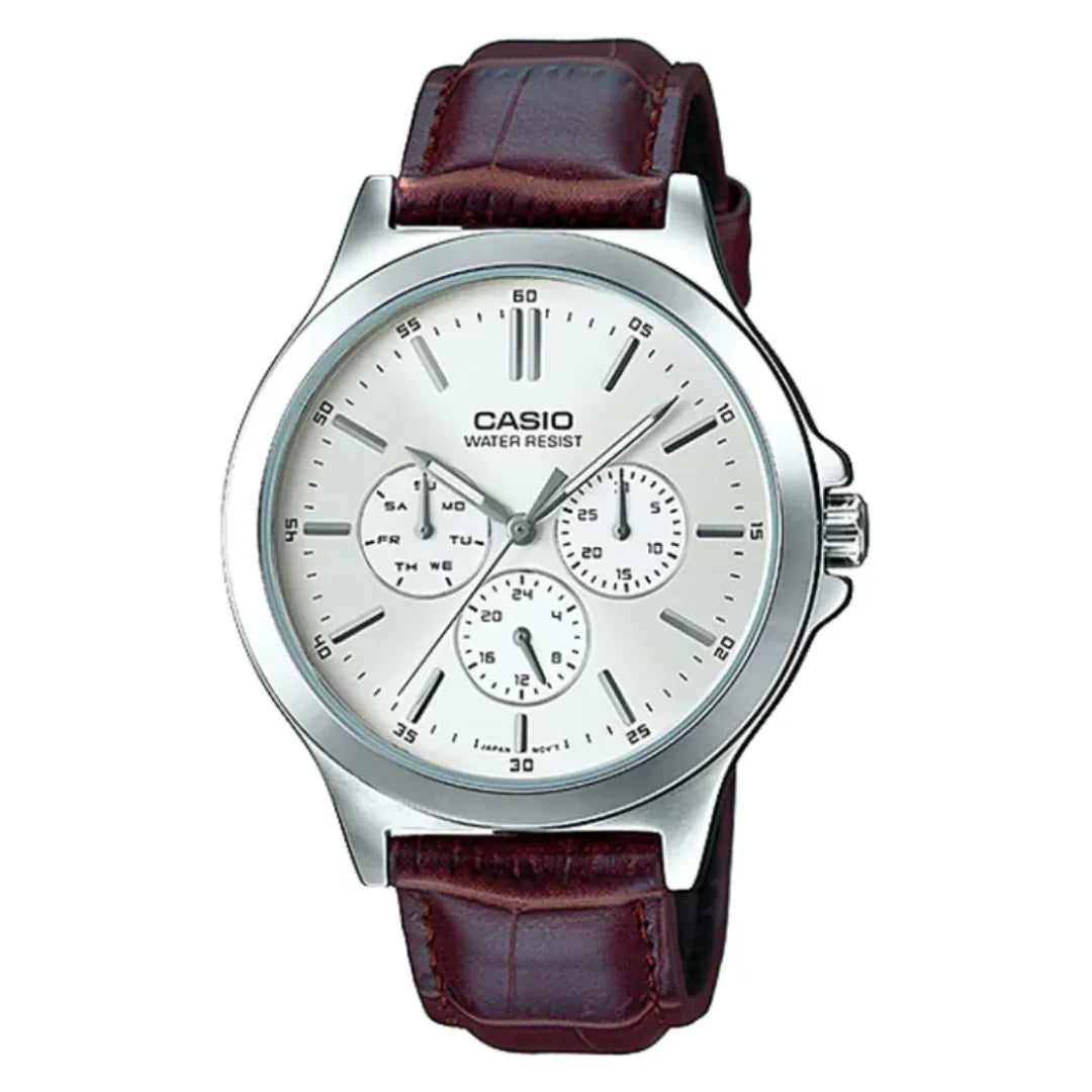 Casio MTP-V300L-7A — front view with white dial, three subdials and brown strap.