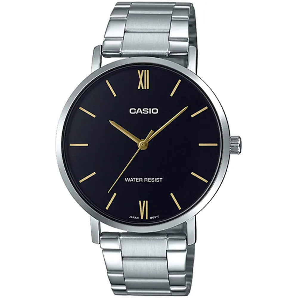 Casio MTP-VT01D-1B — Black minimalist dial with gold-tone markers and silver-tone bracelet