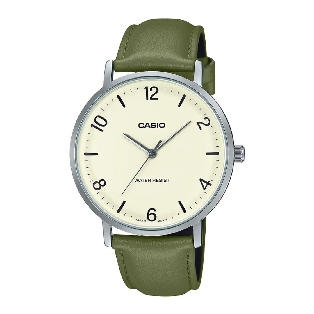 Casio MTP-VT03L-7B — front view with cream-coloured dial and green strap.