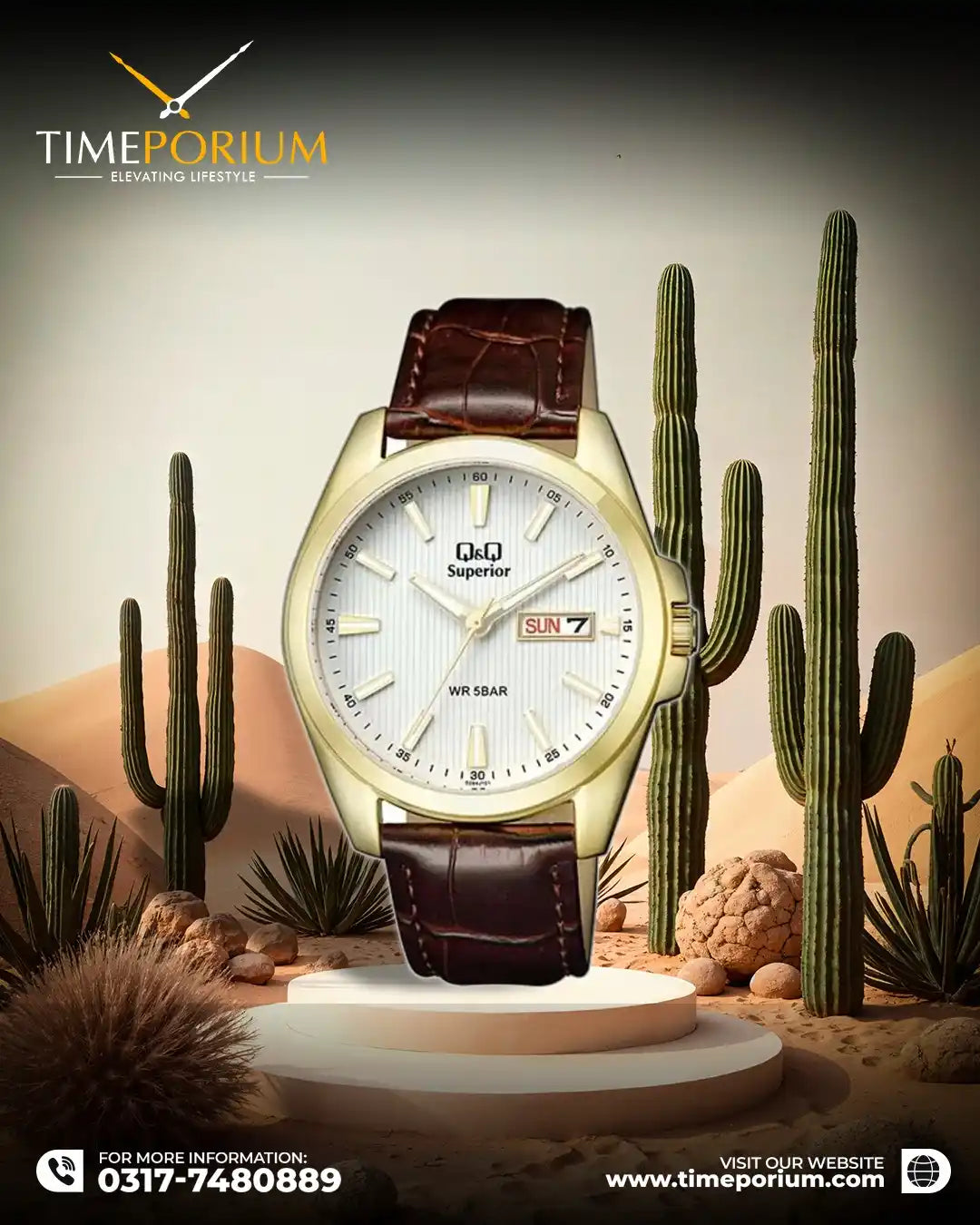 Q&Q S284J101Y Superior Day-Date Men's Leather Watch