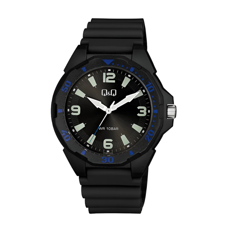 Q&Q VS44J008Y men's all-black resin watch – main product image | Timeporium
