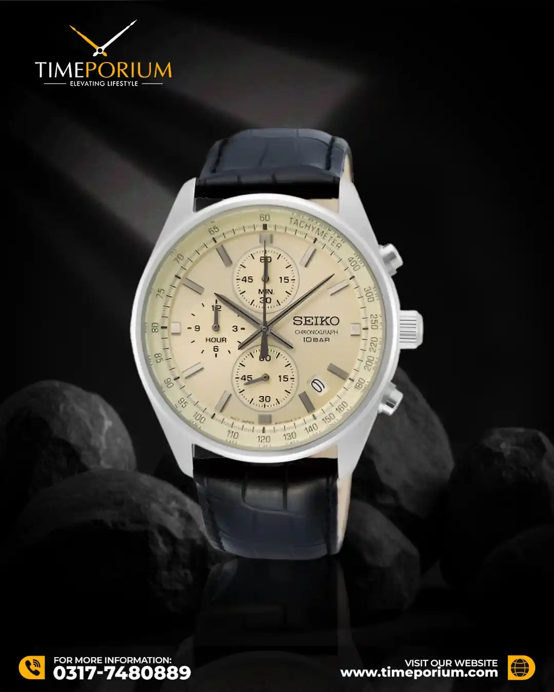 Seiko SSB383P1 Chronograph Men's Watch - Cream Dial & Black Leather Strap