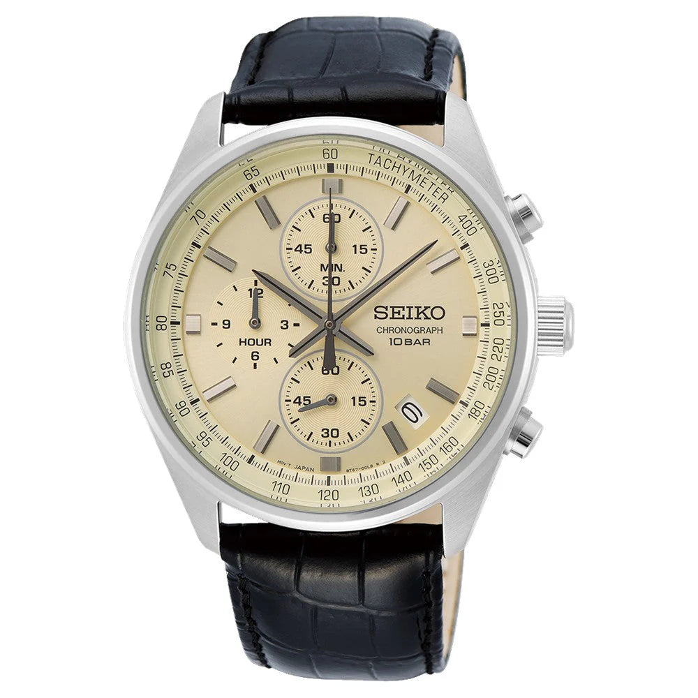 Seiko SSB383P1 Chronograph Men's Watch - Cream Dial & Black Leather Strap