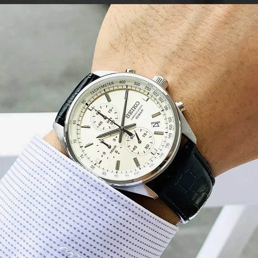Seiko SSB383P1 Chronograph Men's Watch - Cream Dial & Black Leather Strap