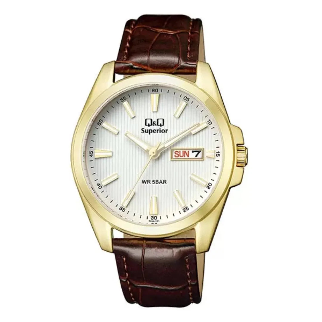 Q&Q S284J101Y Superior Day-Date Men's Leather Watch