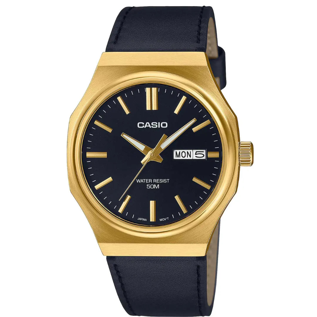 Casio MTP-E735GL-1AV: Octagonal Gold Case Watch with Day-Date Display