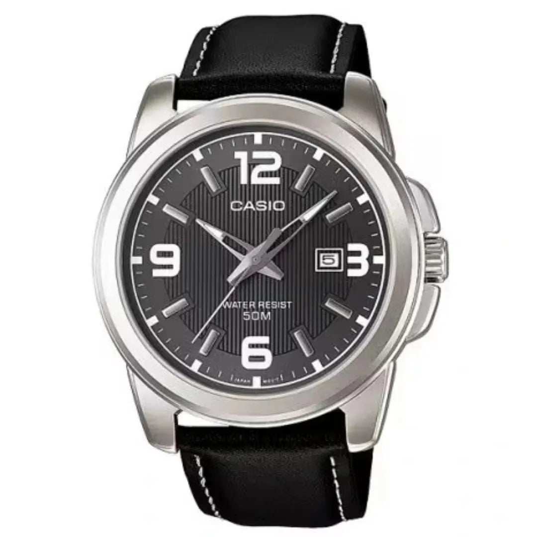 Casio MTP-1314L-8A — front view with dark grey dial and black strap.