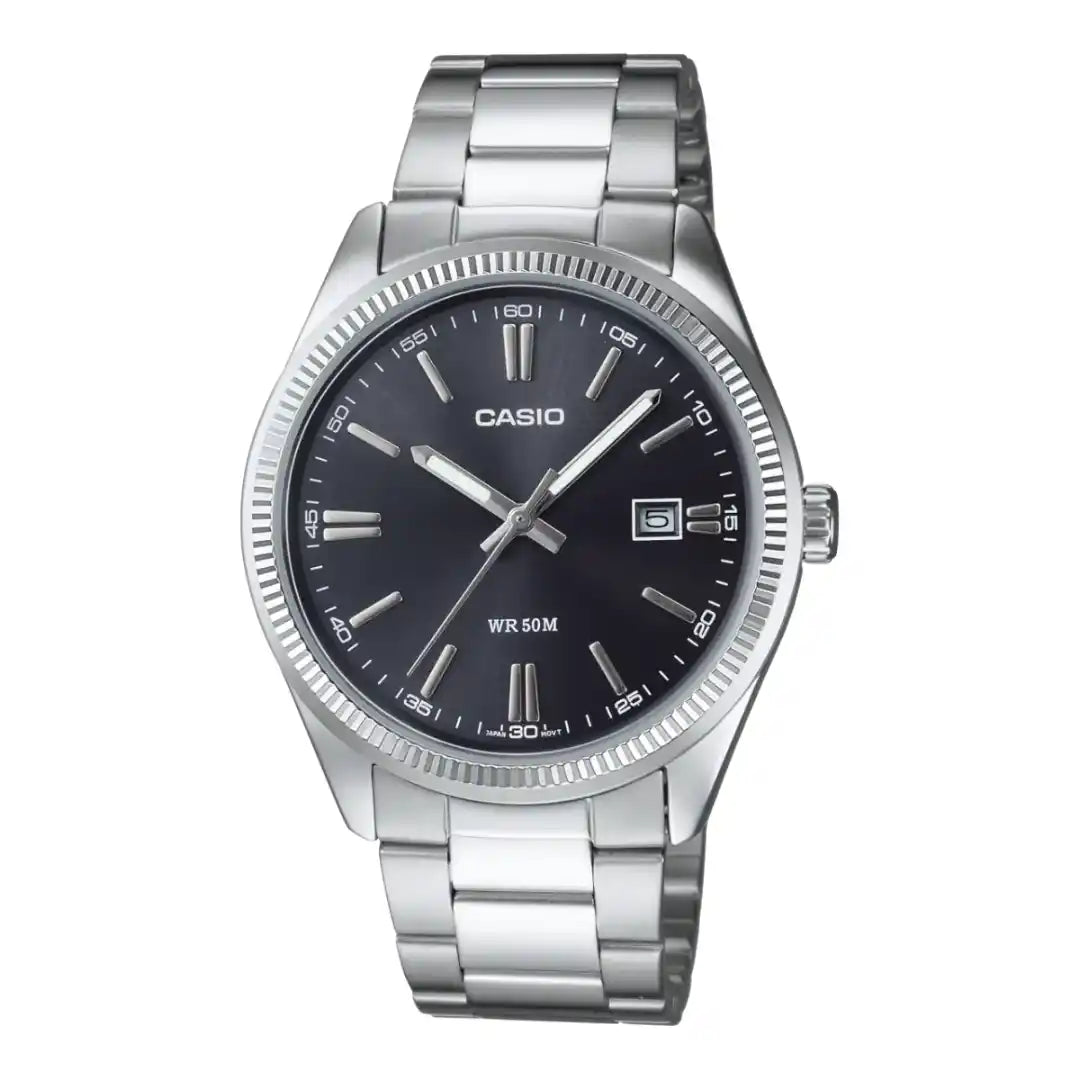 Casio MTP-1302D-1A1 — Black dial with date window and silver-tone bracelet
