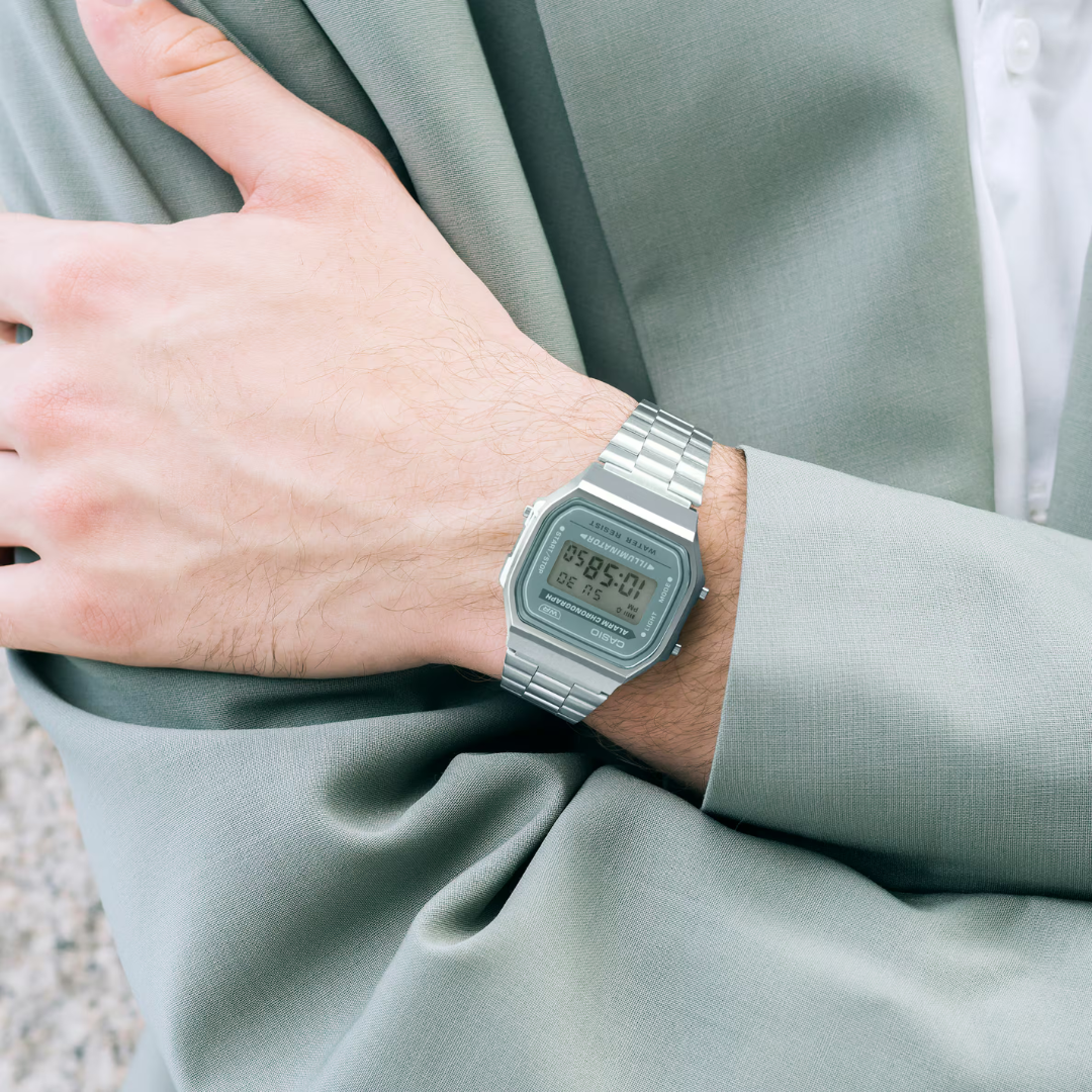 Casio A-168WA-3A Digital Watch – Green Dial – Stainless Steel Band