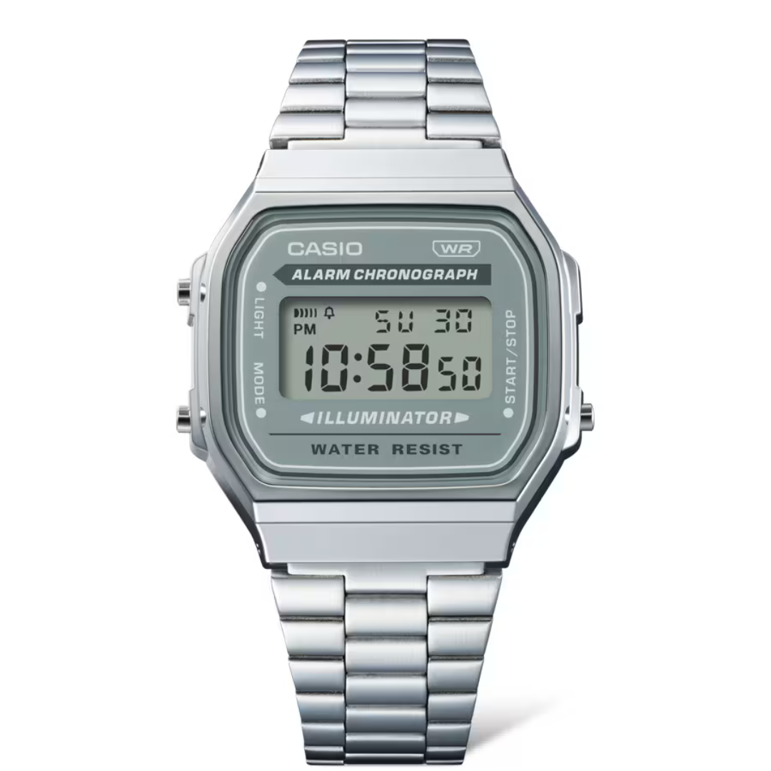 Casio A-168WA-3A Digital Watch – Green Dial – Stainless Steel Band