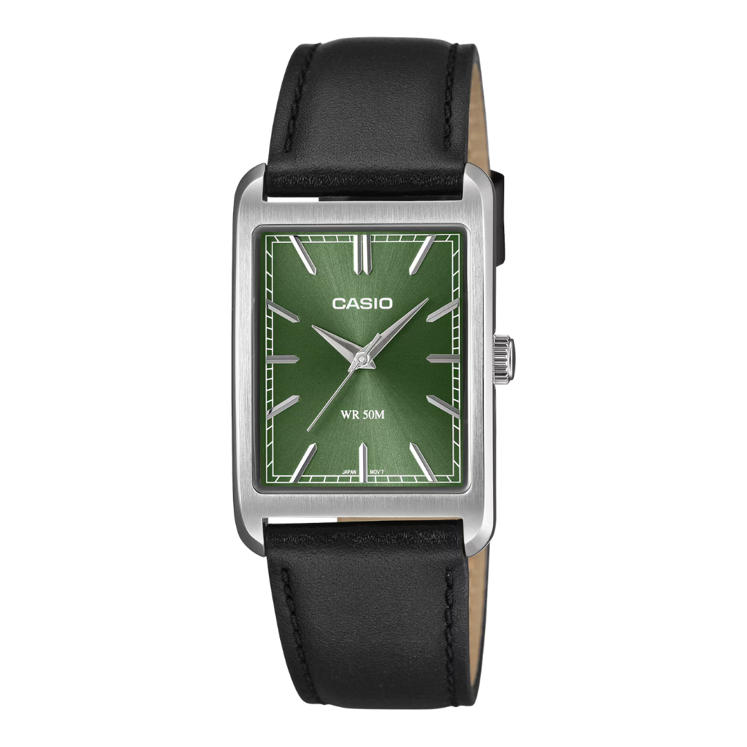 Casio MTP-B215L-3AV Men’s Analog Watch – Leather Strap – Green Dial – Slim Design