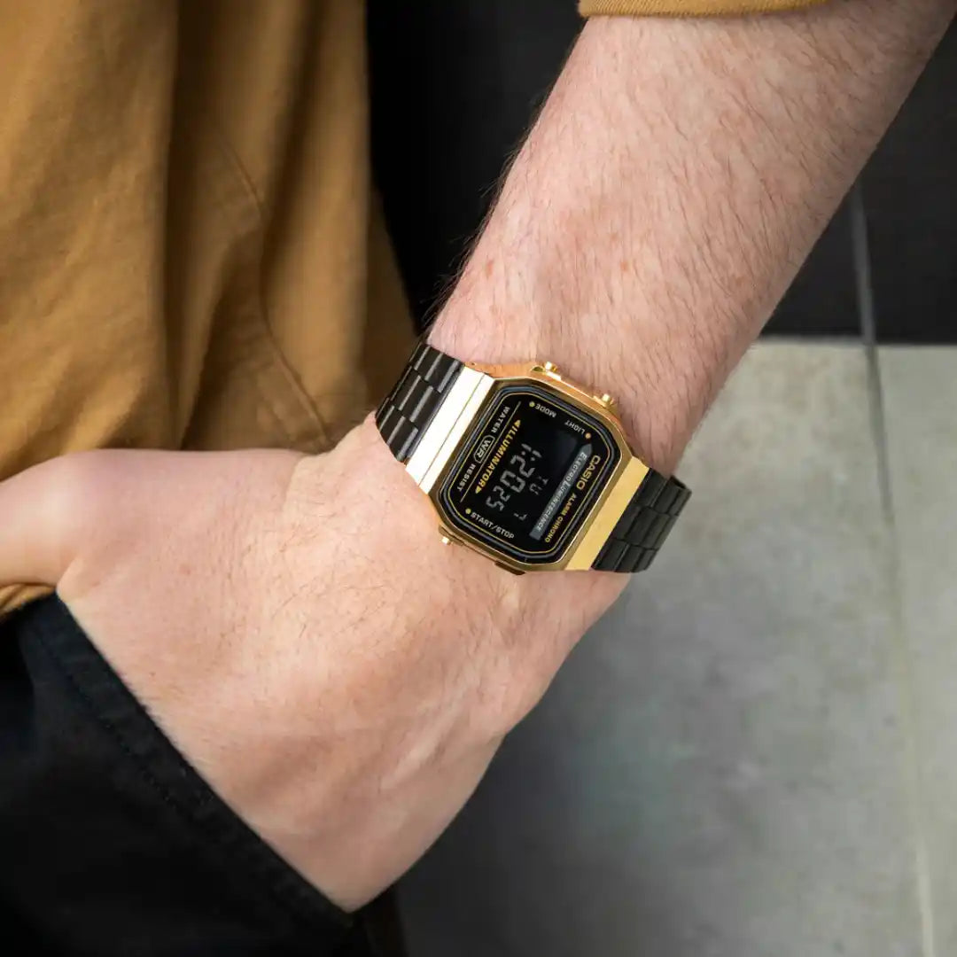 Casio A168WEGB-1B Black-Gold Vintage Watch - Negative Display Edition