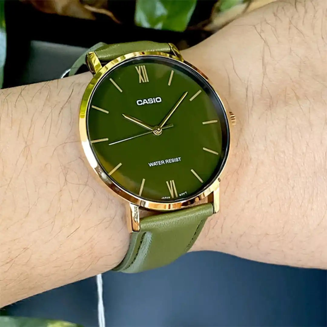 Casio MTP-VT01GL-3B men's watch, close-up worn on wrist
