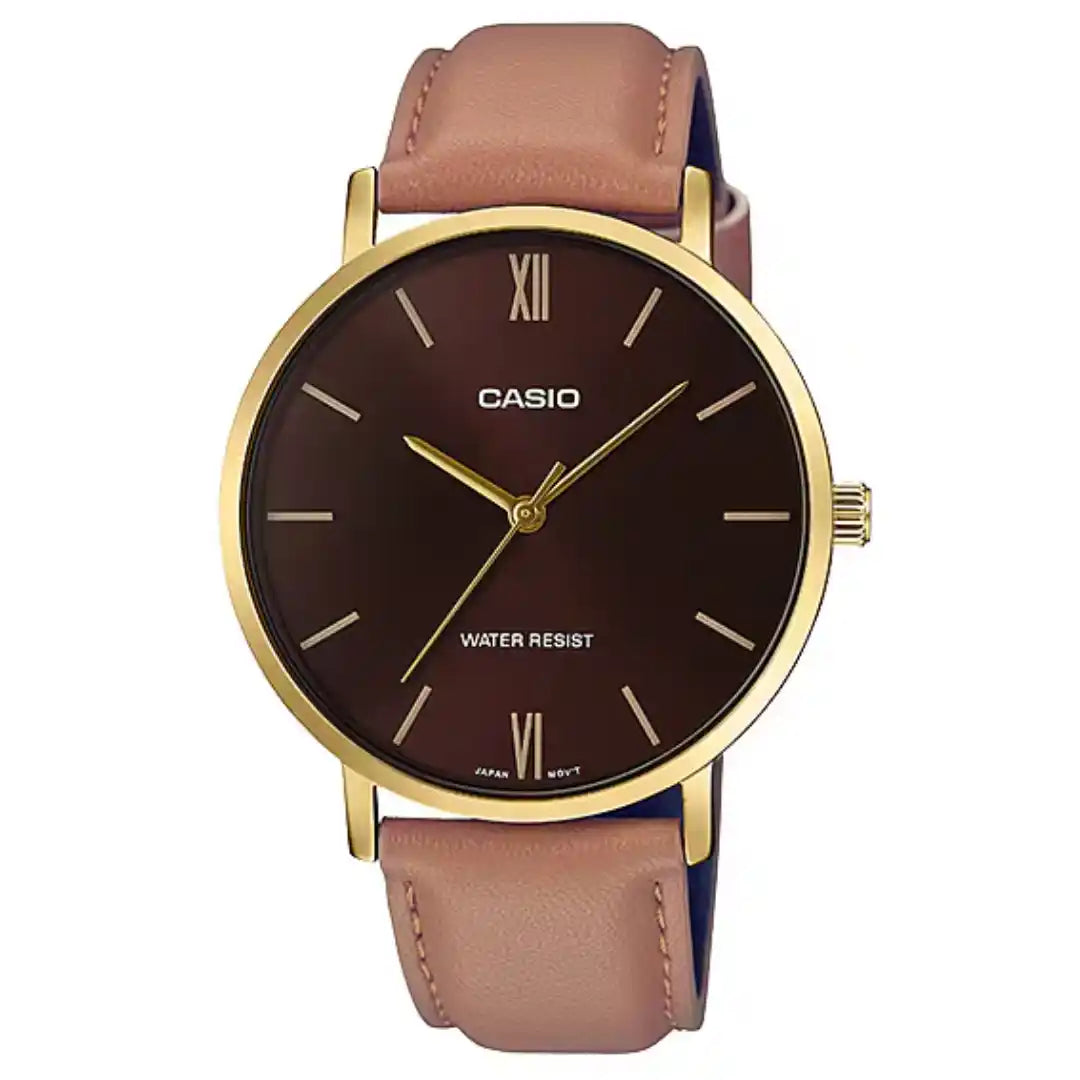 Casio MTP-VT01GL-5B — front view with brown dial and tan strap.