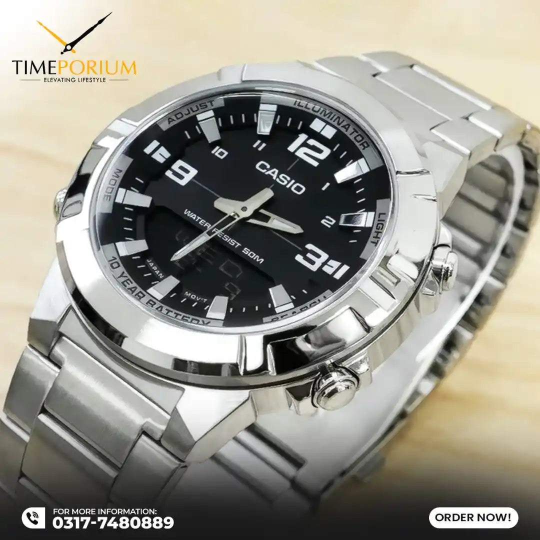 Casio AMW-870D-1A Analog-Digital Watch – Stainless Steel, 10-Year Battery
