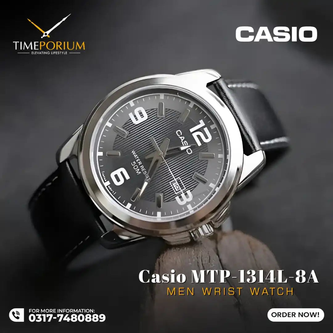 Casio MTP-1314L-8A — promotional angled close-up of dial and strap.
