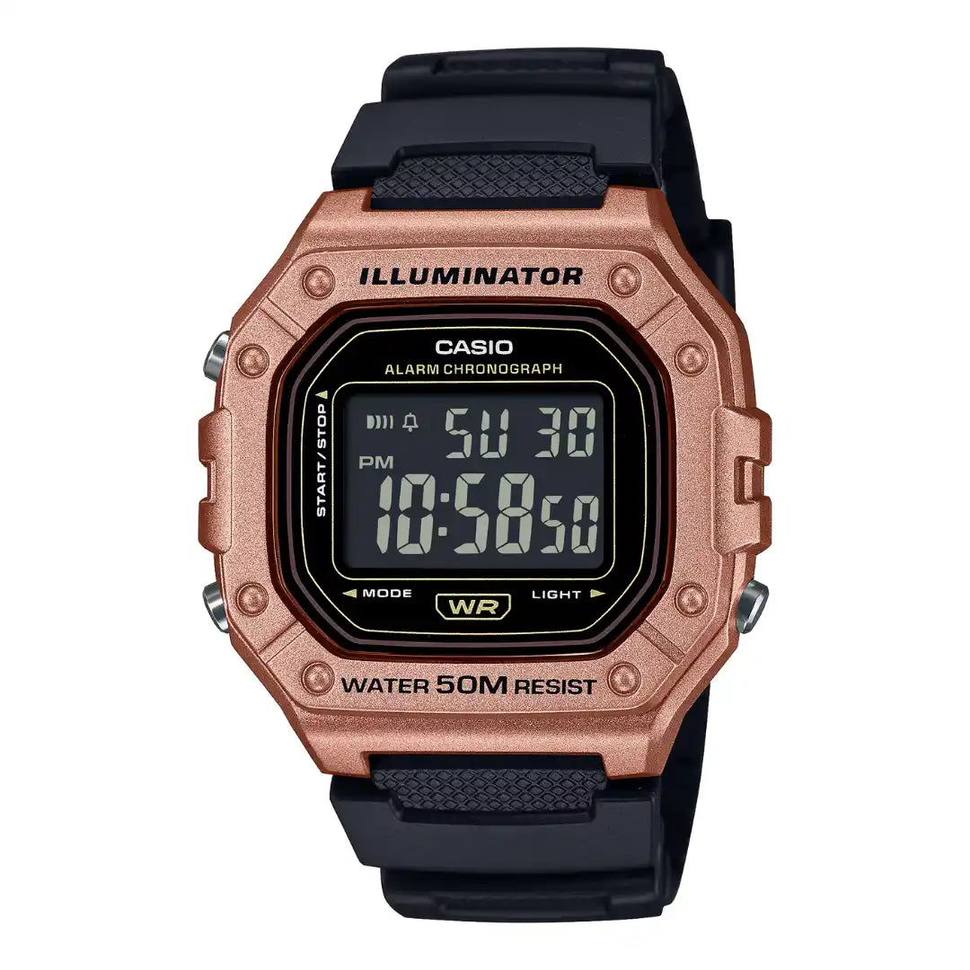 Casio W-218HM-5BV Men's Digital Watch - Rose Gold Tone & Black Resin Strap