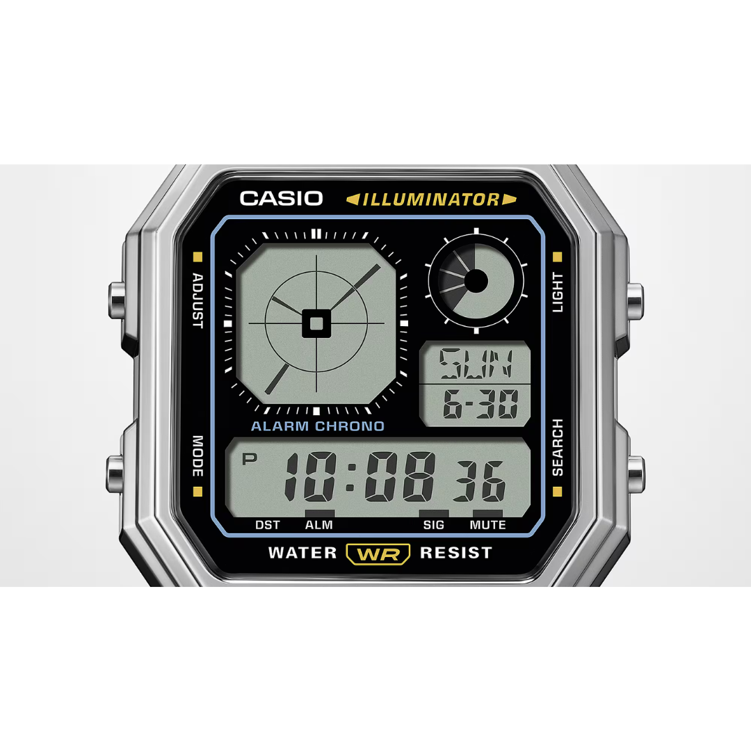 Casio A130WE-1A Retro Digital Watch - Silver Stainless Steel Band - Black Dial