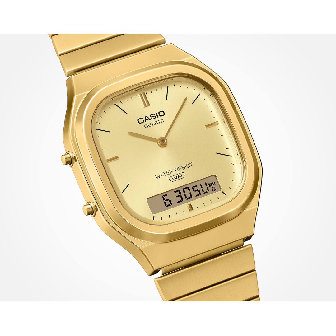 Casio AQ-240EG-9A Unisex Vintage Analog-Digital Watch – Gold Tone Stainless Steel