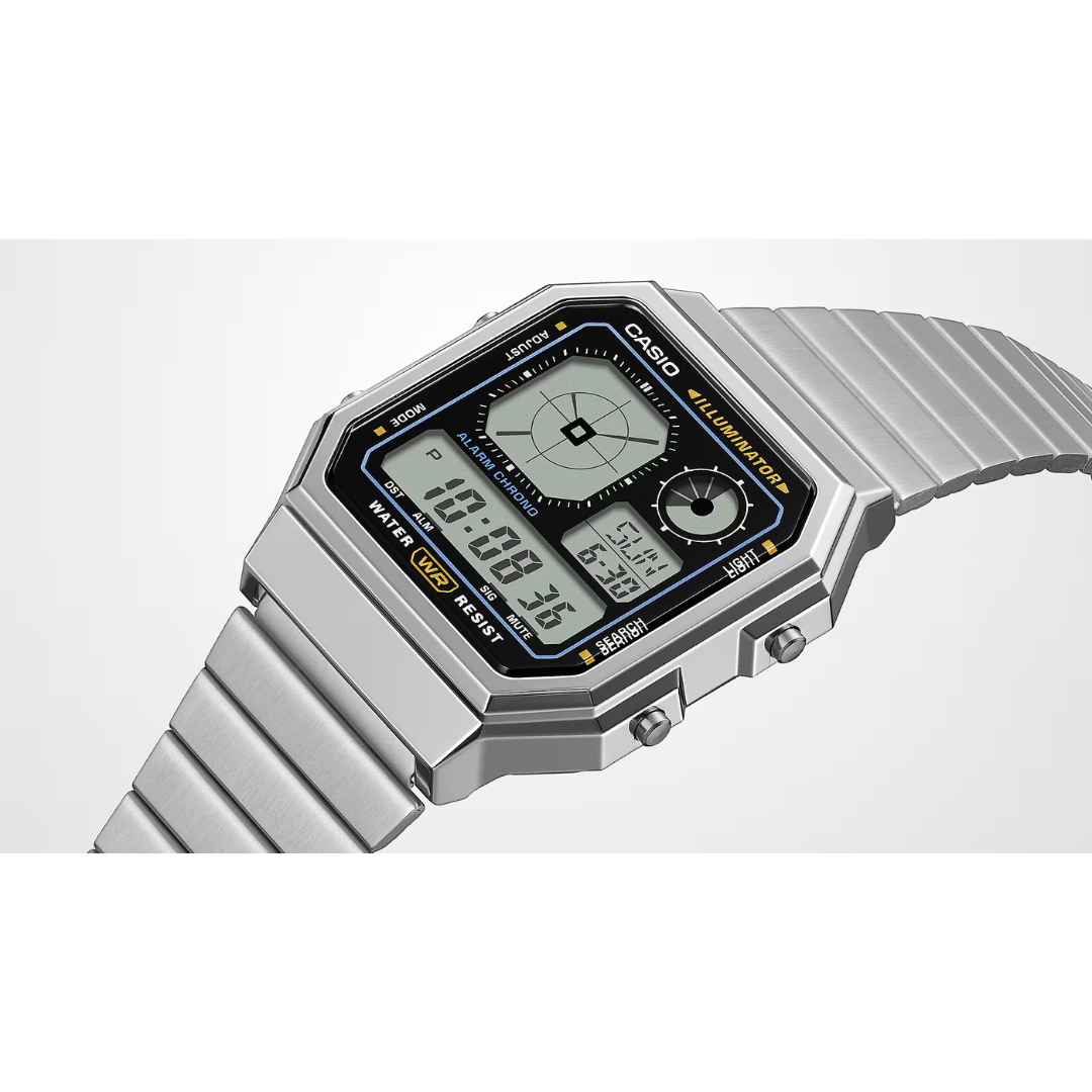 Casio A130WE-1A Retro Digital Watch - Silver Stainless Steel Band - Black Dial