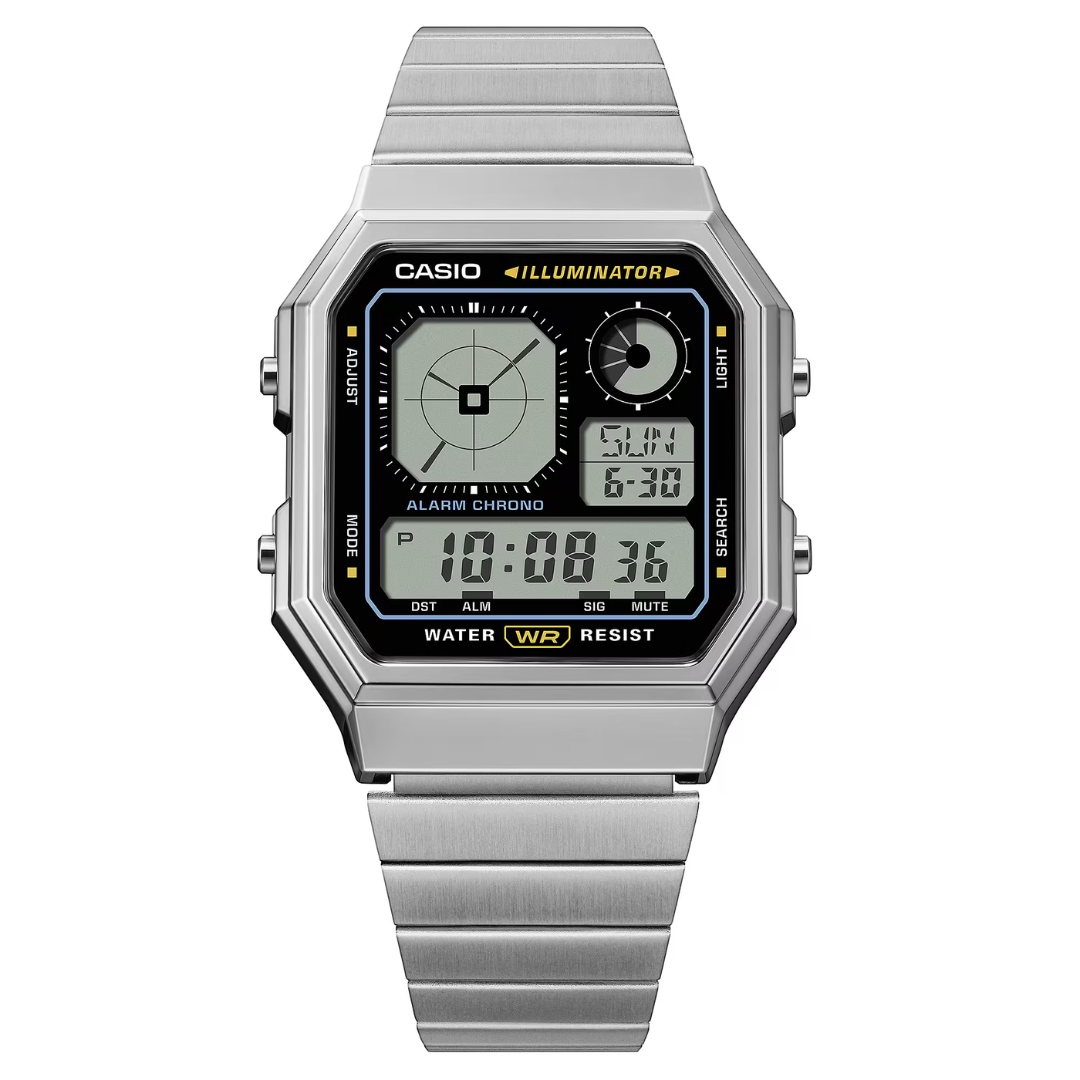 Casio A130WE-1A Retro Digital Watch - Silver Stainless Steel Band - Black Dial