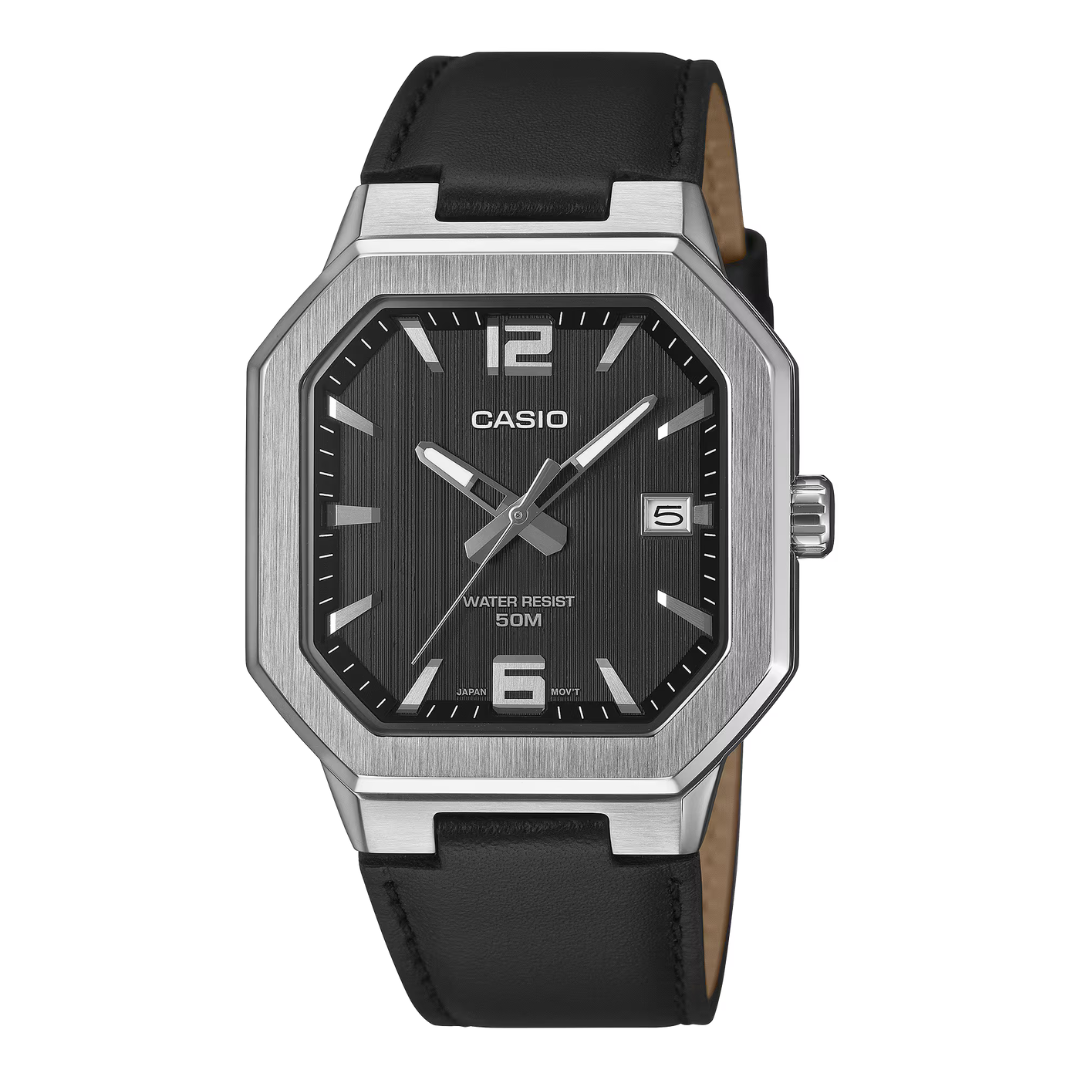 Casio MTP-B195L-1A Minimalist Men's Dress Watch | Black Leather Band | Date Display | 50m Water Resistant